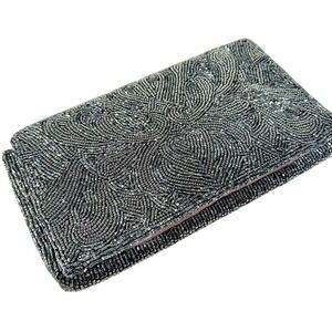 Vintage Beaded Clutch Purse Women's Charcoal Gray Satin Lining Luxury‎ Holiday